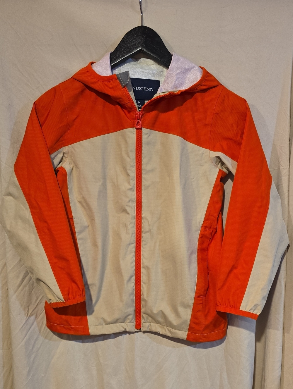 Boy's Lands' End Orange and Cream Hooded Kids' Rain Jacket